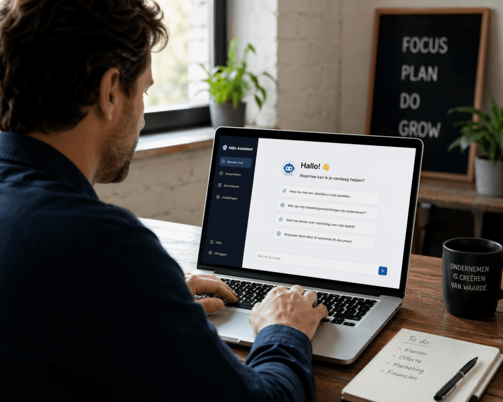 MKB-ondernemer met chatbot-interface op laptop